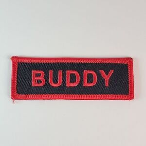 BUDDY: RED & BLACK NAME TAG 3.25" x 1" MERROW SEW ON PATCH - EXCELLENT CONDITION